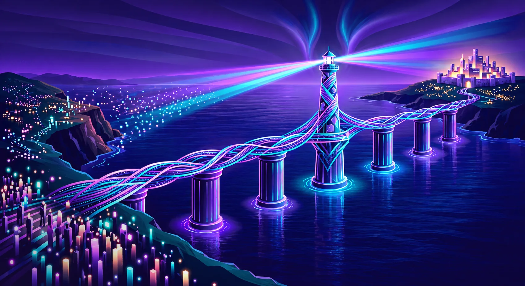Illustration of a bridge leaving a crowded shore marked Approval and crossing open water to a lit city representing ten-year category leadership. The bridge rests on pillars, with a lighthouse at its centre casting a beam toward the city.